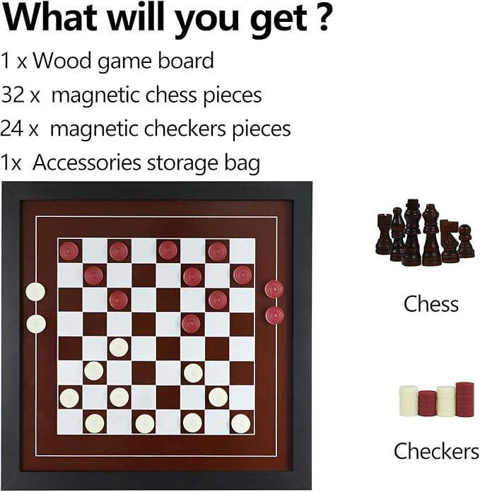 Wall Mounted Board Games Classic Checkers Game Strategy and Fun Games Art Decor for Home Checkers Board Game Magnetic Hanging Checkers and Chess Wooden Board Games (Checkers and Chess)