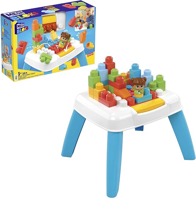 Mega Bloks Fisher-Price Toddler Blocks Toy Set Build ‘n Tumble Activity Table with 25 Pieces and Storage 1 Figure Blue Ages 1+ Years
