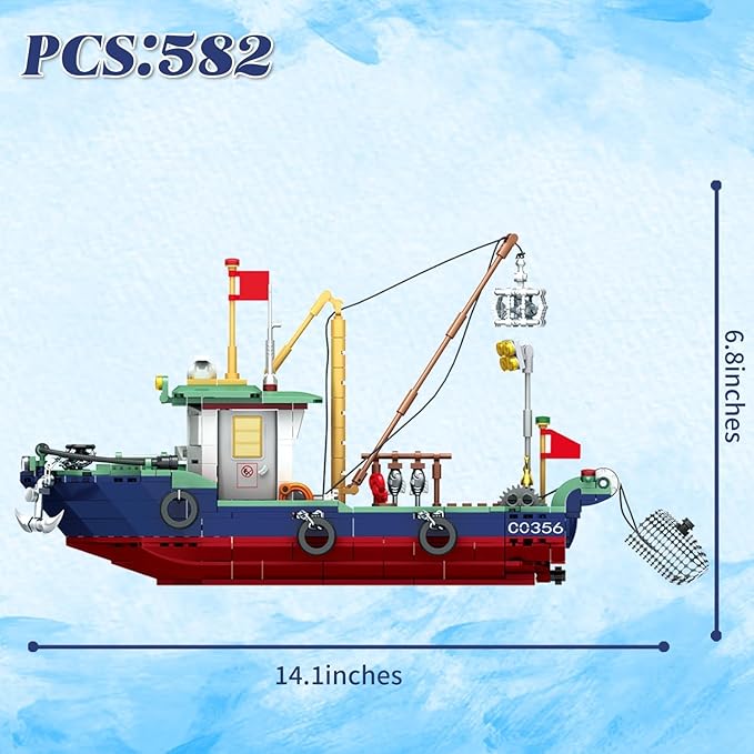 Fishing Boat Building Blocks Sets Boat Sea Fishing Building Blocks Toy Set Collection Decoration Gifts for Boys and Girl Ages 6-12 Years Old and up 582 Pcs