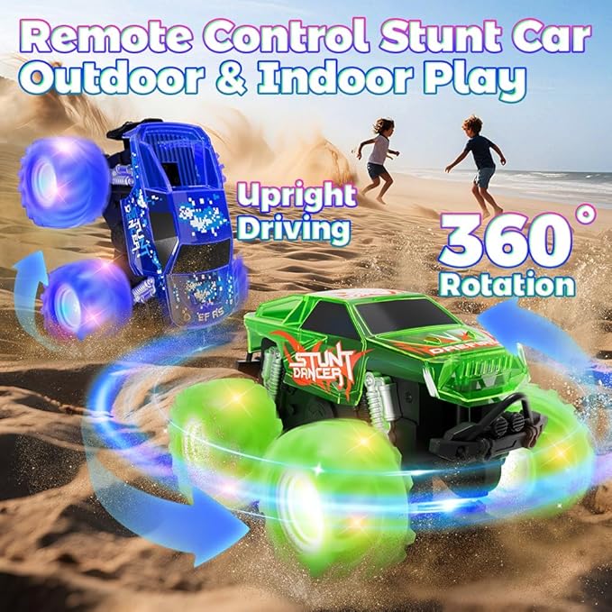 Blue Monster Truck Toy Amphibious Remote Control Car 4WD All Terrain Off-Road RC Truck with Colorful Light RC Stunt Car Toy for 6 7 8 9 10 11 12 Year Old Boy Birthday Gift