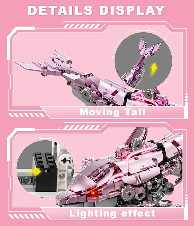 Mechanical Dolphin Building Kit Hand Crank Building Toys with Moving Jaw Swimming Tail &amp Glowing Light Effects STEM Educational Toy &amp Unique Desk Decor for Ages 8+ &amp Adults Pink