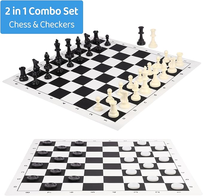 Travel Chess Set 20'' Silicone Chess Board-3.75'' King Height Plastic Piece Extra Queens &amp Storage Bag 2 in 1 Portable Chess &amp Checker Board Games for Teens and Adults
