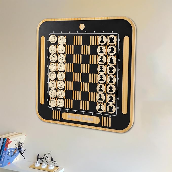 Home Wall Chess Board Game Room Furniture Decor Deluxe Chess Set Pine Chessboard Covered with Exquisite Carved Metal Layers. Equipped with Chess Pieces and Storage Bags