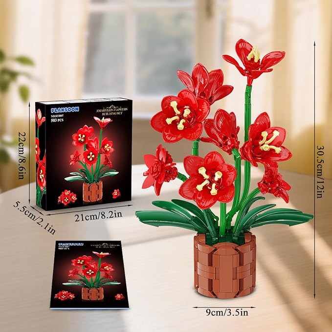 Amaryllis Flowers Bonsai Building Set Easter Botanical Collection Building Block Artificial Plant Kit Home Decor 503 PCS Flower Bouquet Bonsai for Her Adults Kids Boys Girls 12+