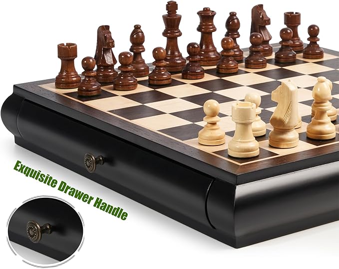 VAMSLOVE Wooden Chess Checkers Game Set 15.5 Large Size Board w/Storage Drawers Weighted Chess Pieces - 2 Extra Queens 3 King Gift for Birthday Housewarming Retirement - Black