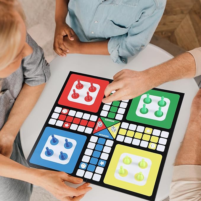 Soulchen Ludo Board Game Set Foldable Game Board with 16 Colorful Pawns Dice Cup 2 Dice &amp Storage Box Family for Travel Party Events or Family Gatherings