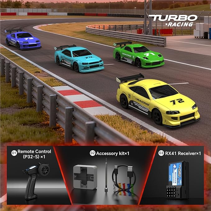 TurboRC New Year 4-Piece Set 1:76 Mini Sports Car 4CH 2.4GHZ Remote Control Full Proportional RTR Kit with P32-S 4CH LCD Controller and RX41 Receiver(C71、C72、C73、C74)