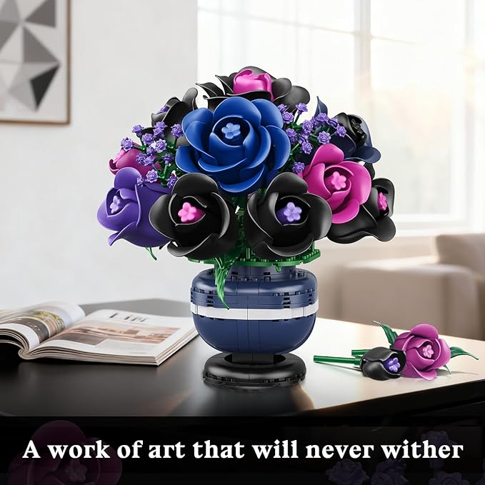 Flowers Botanicals Building Set - Artificial Purple Black Rose Bonsai Plant for Home Decor 507PCS Artificial Flowers Building Set Indoor Gothic Decoration Easter Birthday Gifts for Adults