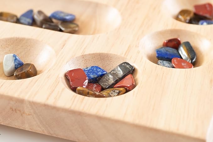 MindWare 4 Player Wooden Mancala Board Game with Foldable Board and Mancala Stone Movers - 2 to 4 Players