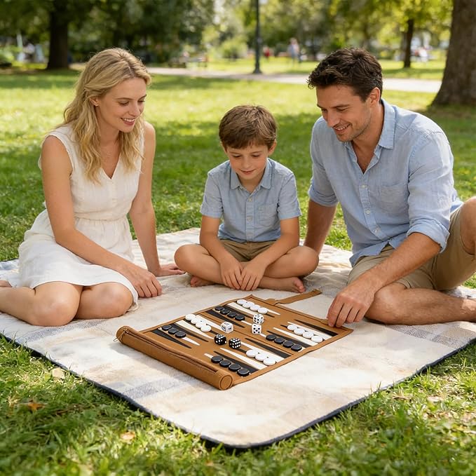 Backgammon Game Set - Lightweight Roll Up Travel Backgammon Set Portable Chess with Drawstring Bag for Adults 2-Player Ideal for Travel Camping Backpacking Trips