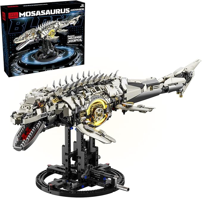 1413-PCS Mechanical Mosasaurus Building Blocks Set with LED Light Movable Linkage Gears Display Stand - Ocean Building Blocks for Adults Teens Kids