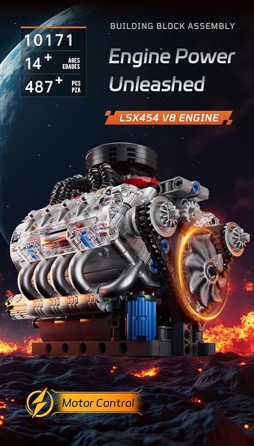 Sosuy V8 Engine Building-Blocks Sets Working Motor Model 487+PCS Mechanic Display Home Set for Collection Fans STEM Cars Toys for Boys Birthday Gitf for 8+ Kids Adults Men Girls