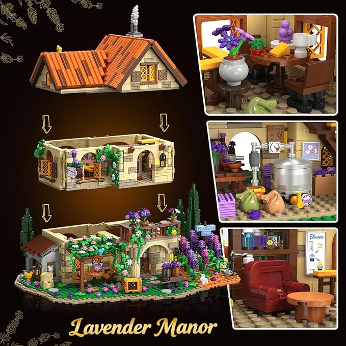 Lavender Manor House Building Set with Lights 1960 PCS Lavender Estate Construction Model Home Decor Romantic Lavender Flowers Cottage Building Block Kit Gift for Adults Teens Boys Girls 12+