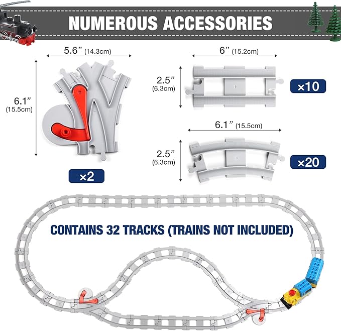 32 Pieces Train Tracks Classic Railway Track with 20 Curved Tracks 10 Straight Tracks and 2 Switches Tracks - Compatible with All Major Brands Toy Track Accessory for Kid Light Grey