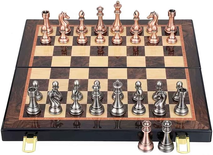 Luxury Metal Chess Set with 15 Inch Wooden Chess Board | Weighted Metal Chess Pieces | 2 Extra Queens | Professional &amp Tournament Style Chess Set for Adults | Elegant Game Room &amp Office Decor