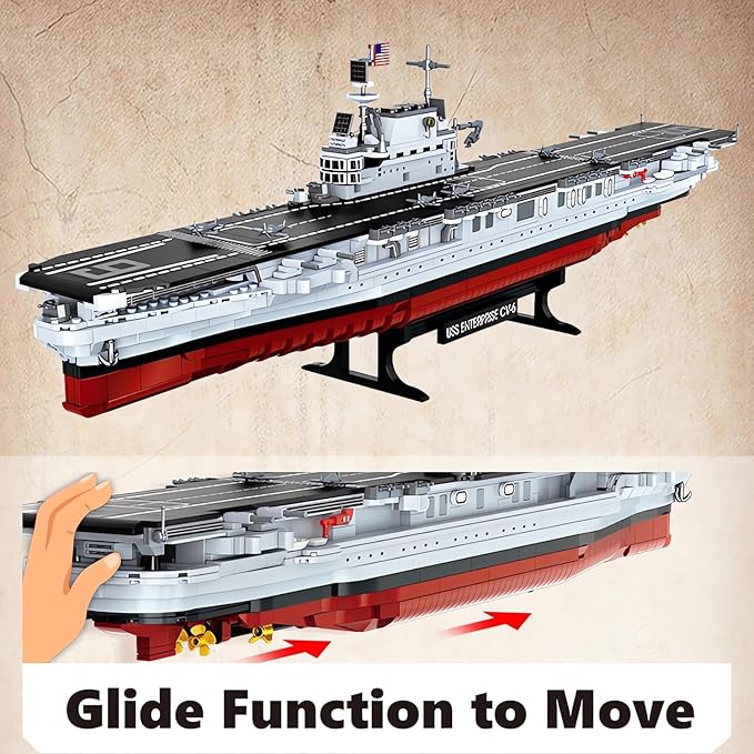 MEOA USS Enterprise Aircraft Battleship Building Toys 1883PCS WW2 Army CV-6 Carrier Building Blocks with Molded Airplane &amp Display Stand Military Navy Ship Model for Adults