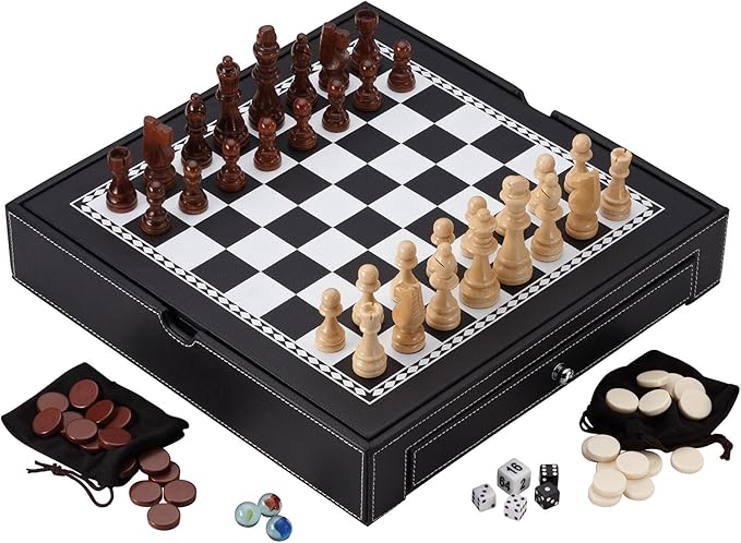 Mainstreet Classics Broadway 5-in-1 Combo Board Game Set: Chess Checkers Backgammon Chinese Checkers and Dice Games