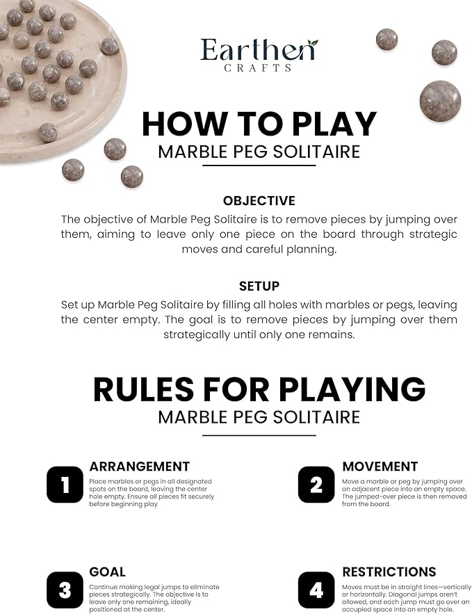 Marble Peg Solitaire Board Game 10 Inches Beige One Player Game Brain Teaser Puzzle with Oceanic Balls Tabletop Game for Family Only