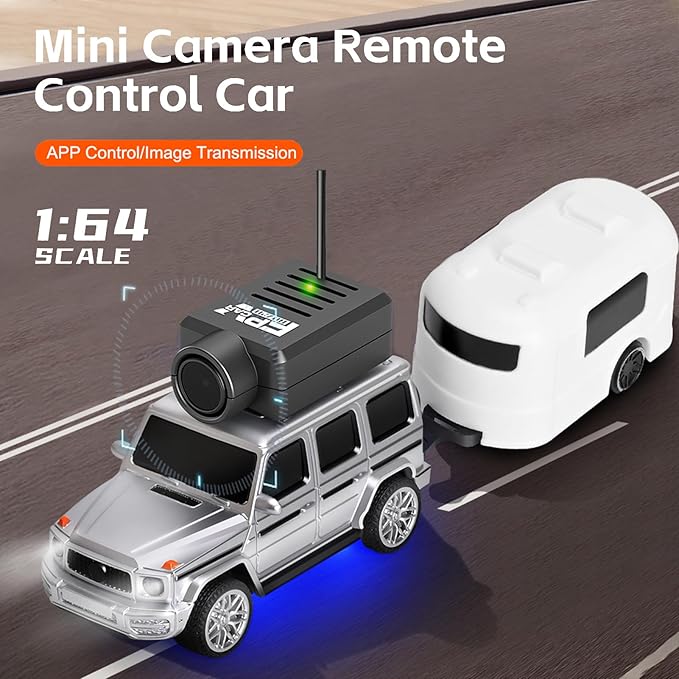 GoolRC WLtoys 6406-C Mini RC Car 2.4GHz 1:64 Scale FPV Remote Control Car with Camera 720P APP Control Rear Drive Vehicle with 2 Trailers and LED Lights for Adults (Silver)