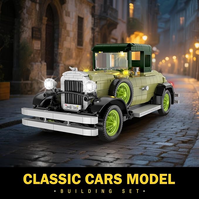 Vintage Classic Car Model Building Set with Light for Adults Boys Girls (1297 PCS) Antique Cars Model Home Office Collection Retro Classic Car Building Toy
