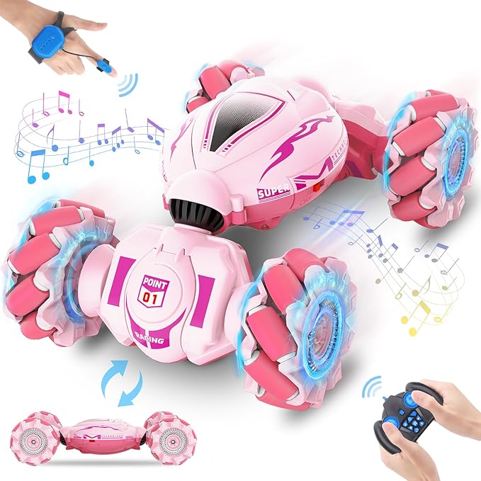 Pink RC Car Toys for Girls Aged 6-12 Gesture Sensing RC Stunt Cars with Lights Music for Girl Birthday Xmas Gifts 2.4GHz 4WD Pink Remote Control Toy Double-Side Flip 360° All-Round Rotation