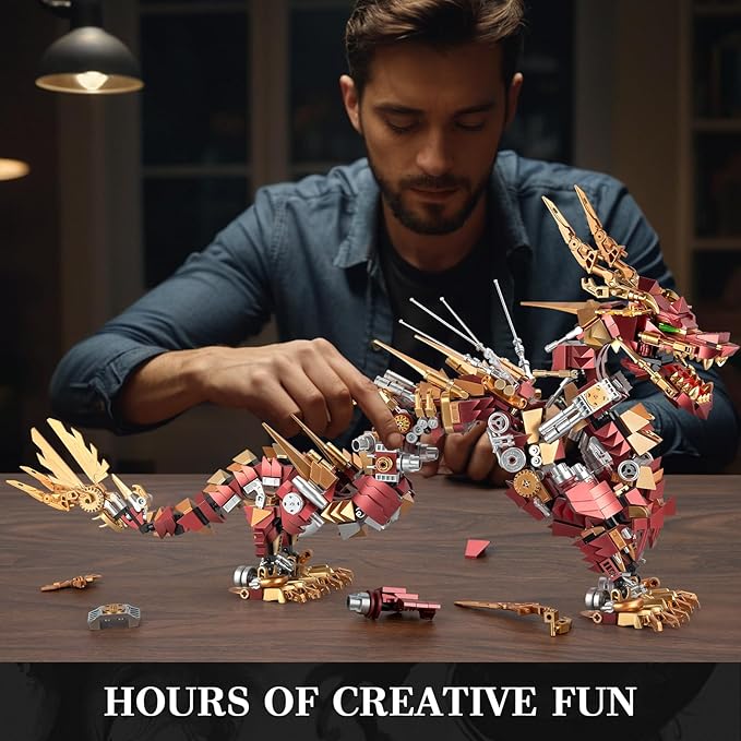 HIGH GODO Dragon Building Blocks Sets for Adults Red Mechanical Dragon Animal Building Model Collectible Display Toys Cool Toys Gifts for Fans Teens 14+ (1596 Pieces)