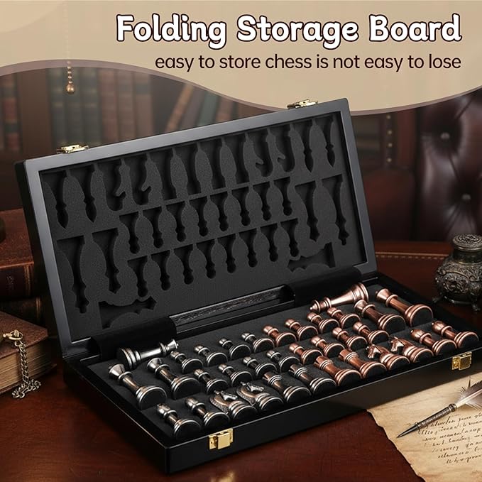 Ajedrez Luxury 15 Wooden Chess Set - Folding Board with Piano Finish | Weighted Metal Chess Pieces | Portable Travel Game for Adults &amp Kids | Premium Gift
