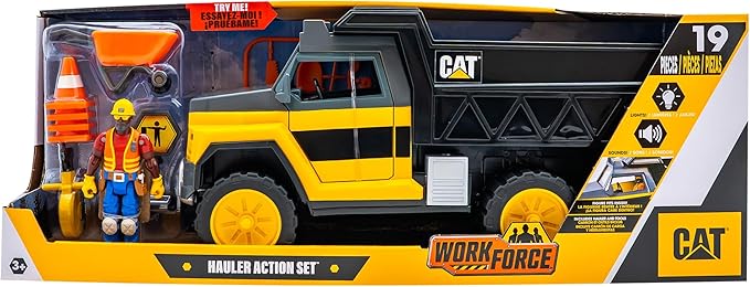 Cat Construction Workforce Hauler Action Set 18-Piece Kids Construction Toy Playset with Freewheeling Hauler Truck Lights &amp Action-Activated Sounds 4-Inch Figure Tools &amp Accessories Ages
