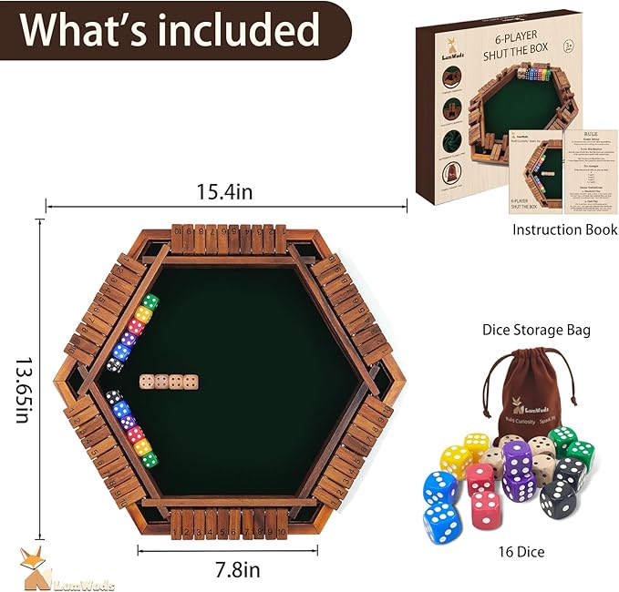 Shut The Box Game Wooden Board Game for 1-6 Players with 16 Dice Dice Game for Adults &amp Kids at Home Classroom or Parties