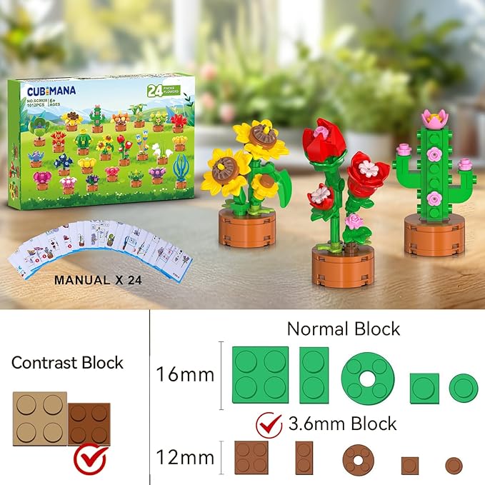 24 Pack Flowers Succulent Party Favors for Kids Building Set - 1012pcs Botanical Bonsai 3.6mm Mini Building Blocks Toy for Easter Basket Fillers Classroom Prize Stocking Stuffer Gift for Girl Boy 6+