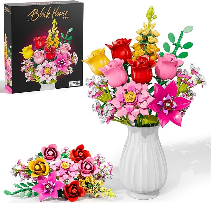 Flowers Bouquet Building Set Pink Roses Flores Set for Adults 765 PCS Botanical Collection Building Block Toy Home Decor Gifts for Valentine's Day Birthday Artificial Flowers for Women Kids 6+