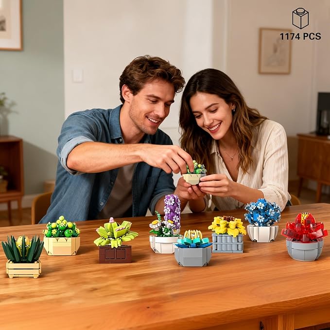 Flowers Succulents Building Sets 12 Tiny Plants Office Home Decor Botanical Collection Building Block Toy Creative Birthday Housewarming Gifts Artificial Plant Kit for Kids Adults Women (1174 PCS)