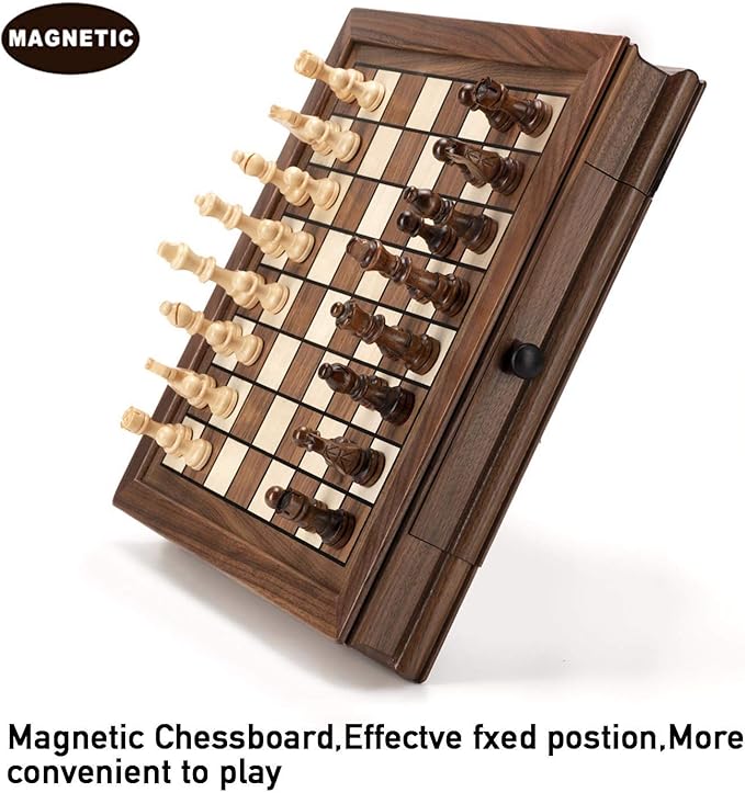 AMEROUS Magnetic Wooden Chess Set 12.8 x 12.8 Walnut Chess Board Game with 2 Built-in Storage Drawers - 2 Bonus Extra Queens - Chess for Beginner Kids and Adults Gift Packaging
