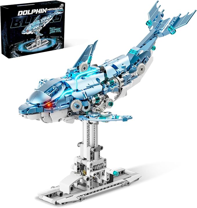 Moving Mechanical Dolphin Building Set - Hand Crank Model Kit with Swimming Tail Movable Jaw &amp Glowing Lights | STEM Educational Toy &amp Unique Desk Decor for Ages 8+ Adults Blue