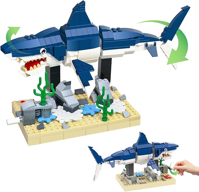 Shark Building Block Set with Rotating Display Stand Swimming Ocean Animal Model Compatible with Lego 630 Accessory Creative Home Decor Easter Birthday Gift for Adults Teens Kids 4+ 369Pcs