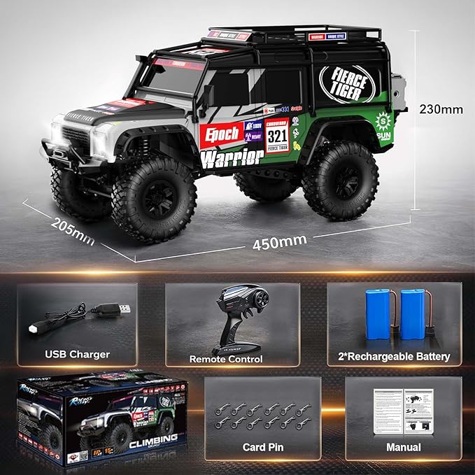 RC Cars RC Crawler 1/10 Scale RTR Remote Control Car 4WD 2.4GHz Brushed Offroad Racing Hobby Grade Model Vehicle with LED Lights 2Pcs Battery Toy for Kids and Adults