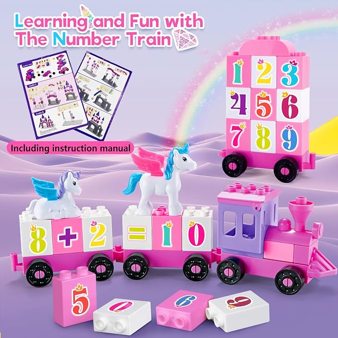 Classic Building Blocks for Toddlers - Compatible with Major Brands Unicorn Theme Princess Castle &amp Number Trains Classic Bricks Creative Educational Buildable Kits for Girls Boys Ages 3 4 5
