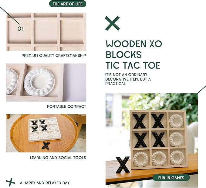 GENMOUS White Wooden Tic Tac Toe Game Board for Seniors Family Indoor 10.6 Inch White Rustic Giant Tic Tac Toe Coffee Table Decor Tic Tac Toe Board Game Fun for Family Travel Outdoor Game Room Decor