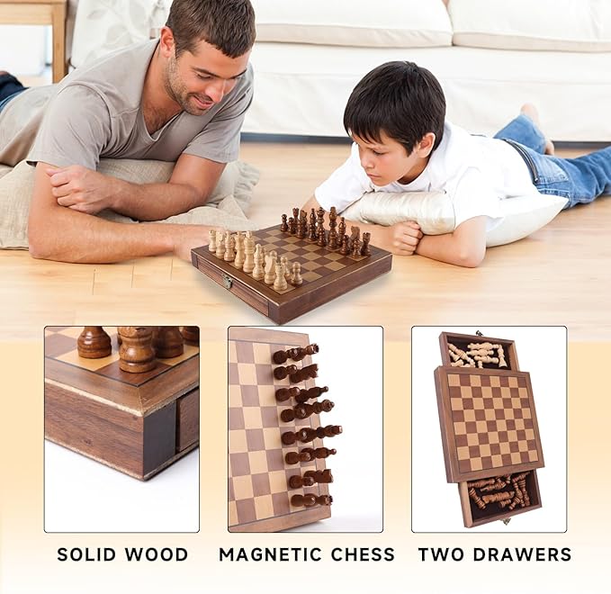 GSE Games &amp Sports Expert 10 Magnetic Chess Set Wooden Chess Board Game Set with Drawers Classic Portable Travel Board Game for Kids &amp Adults