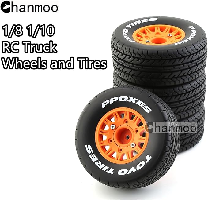 1/10 RC Short Course Truck Tires And Wheels With 12mm 14mm 17mm Hex 113mm 1/8 Rubber Tyres For 1/8 or 1/10 Scale On Road Car HSP Sonic 94102 GT PTG-2 Tamiya TT02 RC Racing Car 4PCS (Orange A)