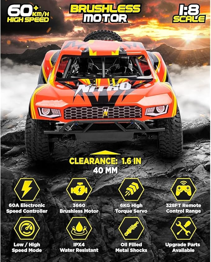 1/8 Scale Brushless RC Cars for AdultsMax 40mph Electric Off-Road Monster TruckWaterproof High Speed RC Car 4WD Remote Control Car with 3S Lipo 30+ Min Play All Terrain