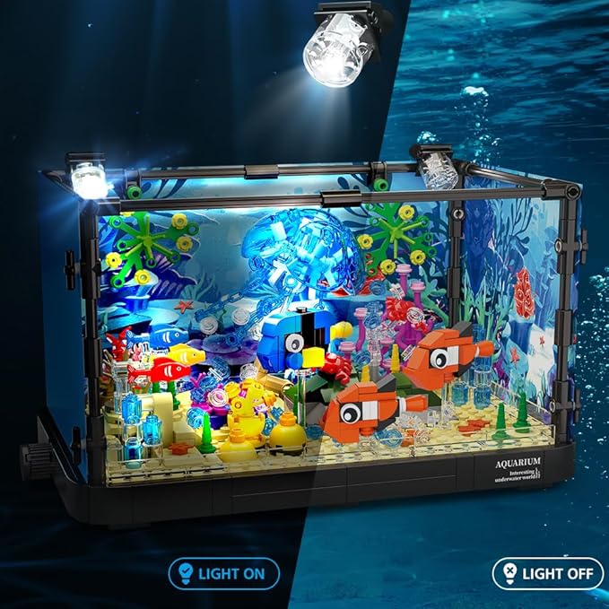 HOGOKIDS Fish Tank Building Set with LED Light - Movable Aquarium Building Toys for Adults Kids | 725PCS Creative Aquarium Toy with Jellyfish Fish Animal Educational Gift for Boys Girls Age 8-14