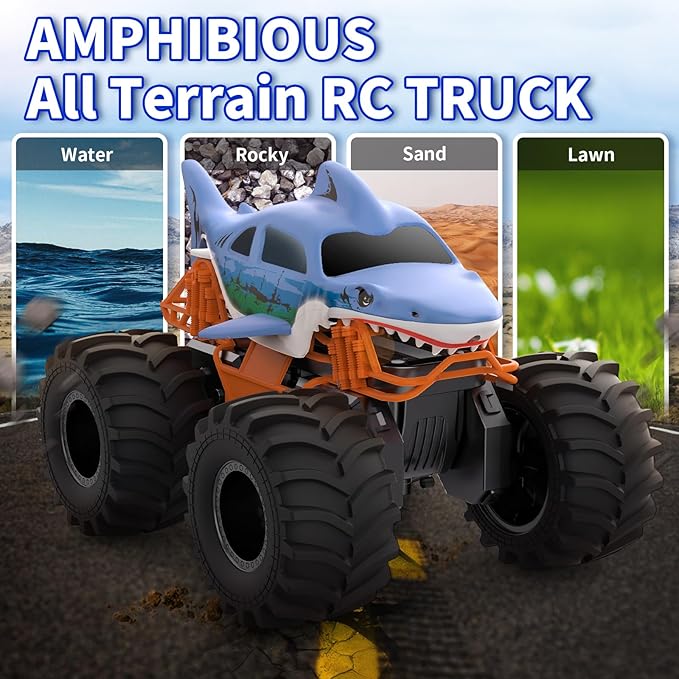 Shark RC Monster Truck for Kids 1:16 Scale 4WD Shark Monster Car Toys 2.4GHz All Terrain Amphibious Remote Control Car for Boys and Girls Ages 6-12+