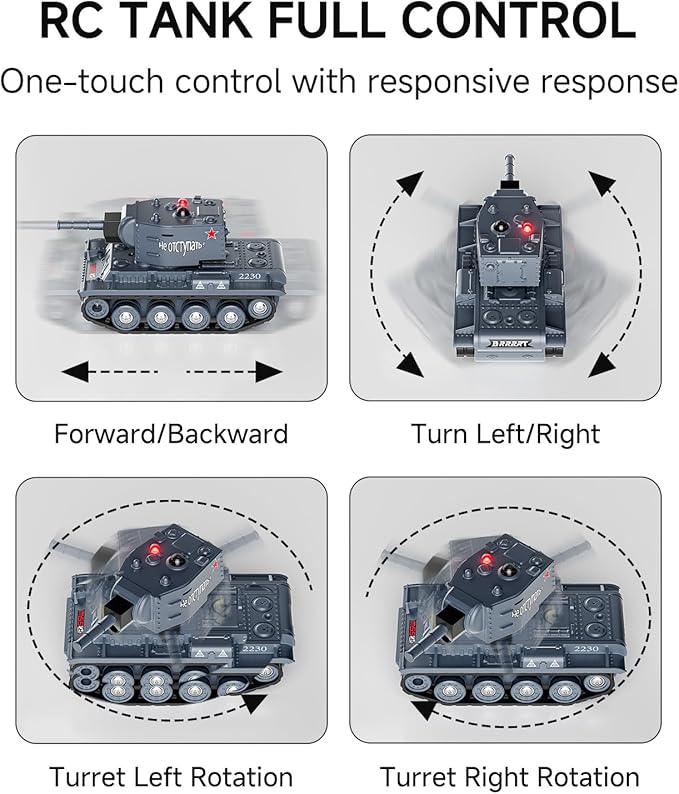 BRRRRT1/64 Remote Control Military Vehicles with Infrared ShootMini RC Tank with 330° Rotating Turret and Sound &amp Lighting RC Tank That Shoots Toy for Kids 8+ Gray