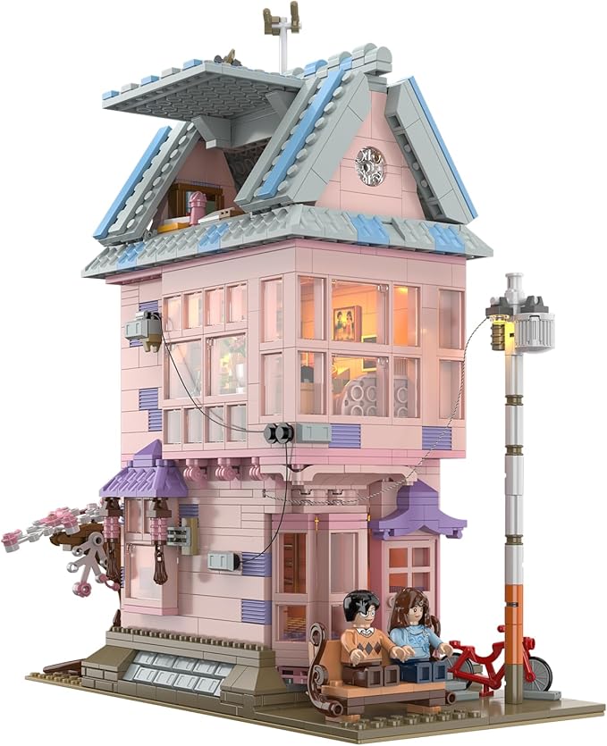 Cherry Blossom Pink House Building Set with LED Light Three Story Apartment with Study Greenhouse Cherry Blossom House Construction for Home Decor Birthday Gift for Adults Girls 12+ (1432 PCS