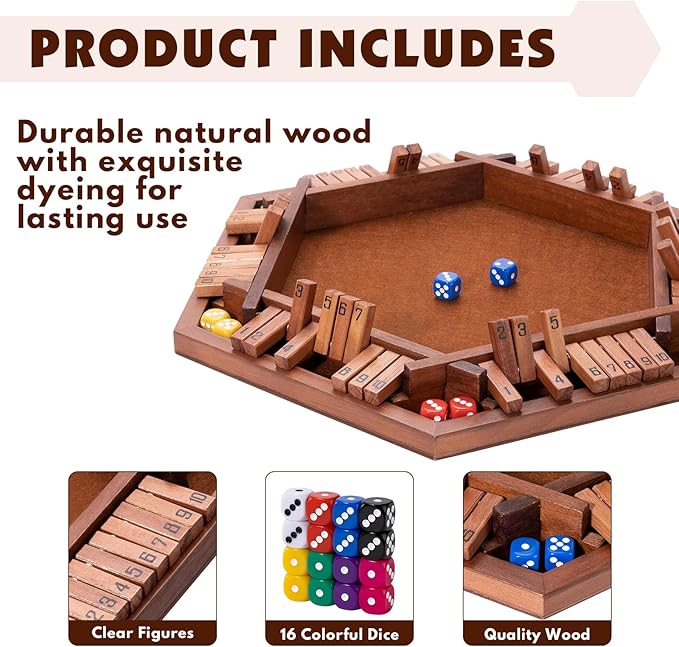 Shut The Box Wood Board Game2-6 Player Puzzle Game 16 Dice Educational and Entertaining Classic Tabletop Math Game for Kids