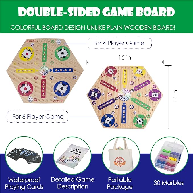 Fast Track Marble Board Game Wahoo Board Game Double Sided Painted Fast Track Board Games for 6 and 4 Players Includes 6 Colors 30 Marbles 1 Deck of PVC Playing Cards 1 Canvas Bag