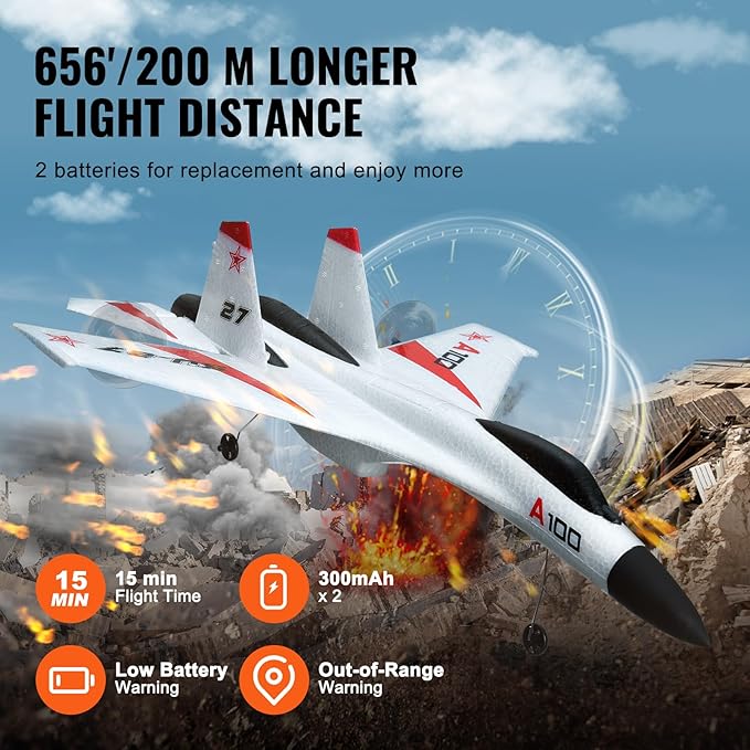 VEVOR RC Plane 2.4GHZ 4 Channel RC Airplane with 6-Axis Gyro Stabilizer&amp2 Batteries Ready to Fly SU-27 Fighter Aircraft Plane Toy for Adults Kids Beginners Boys Birthday/Xmas Child Gift