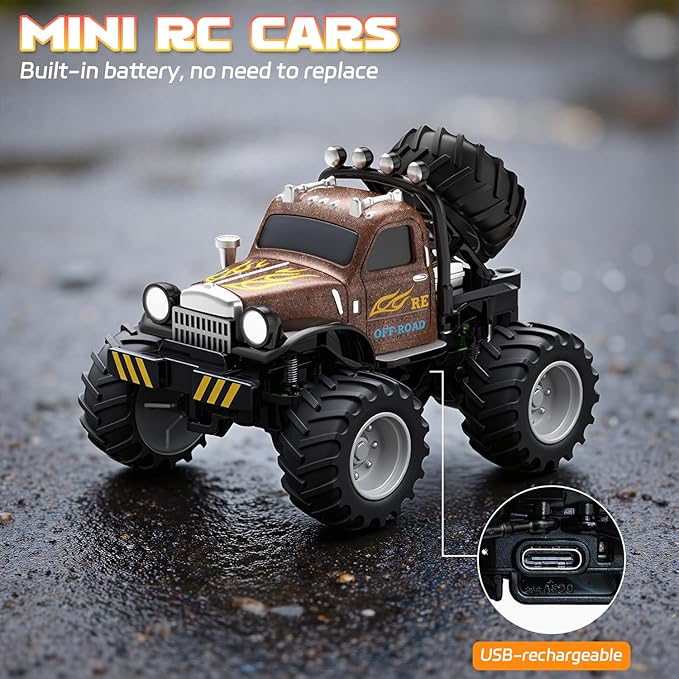 Snugzy Mini RC Car 1:64 Scale RC Truck for Kids with Trailer 2.4Ghz Remote Control Rechargeable RC Cars Toy Gifts for Boys Girls Adult (Brown)