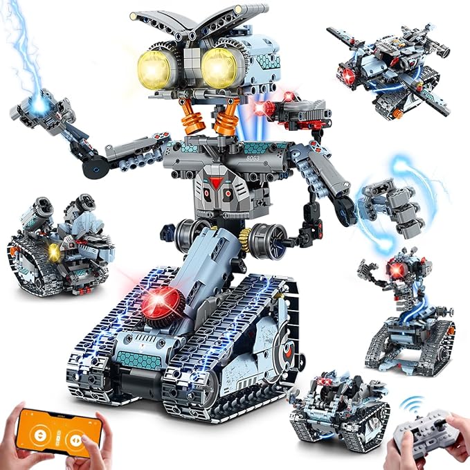 Robot Building Toy with Lights 5 in 1 Robotic Building Set with APP &amp Remote Control RC Tech Tracked Tank Car Fighter Jet Model Kit 795 PCS Easter Gift for Kids Boys Girls Ages 8+
